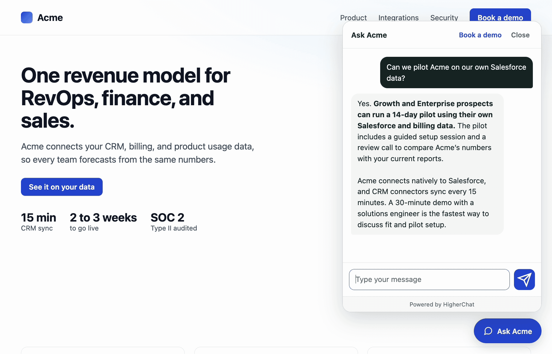 A floating HigherChat conversation overlays the right side of the Acme Inc. page, answering a question about a Salesforce pilot.